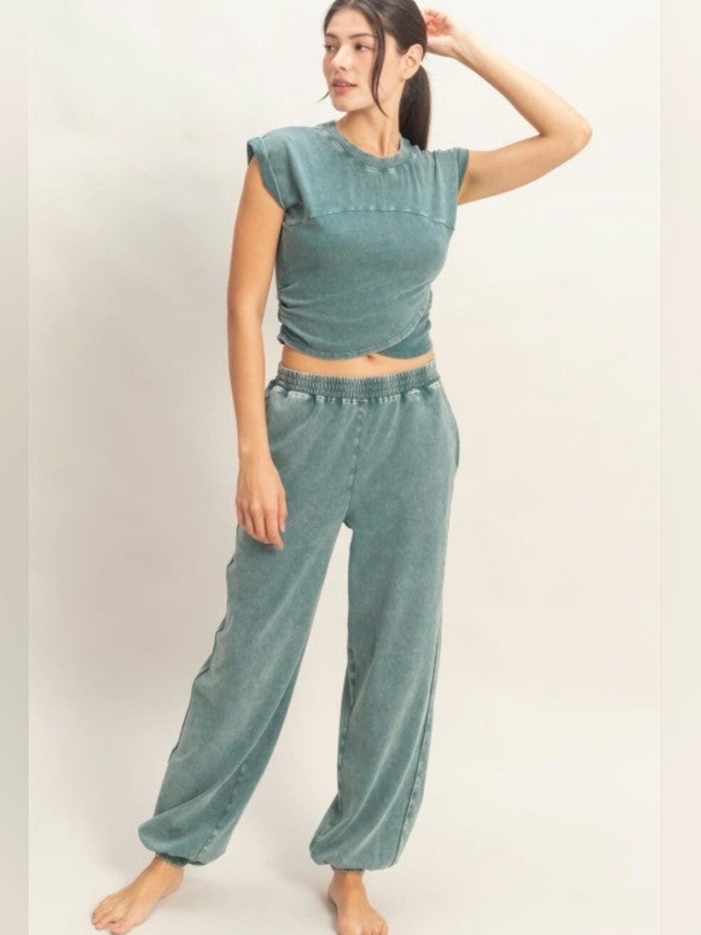 Double Zero Relaxed Wide-Leg Pants jogger style and top in Teal Green - Picture 4 of 4